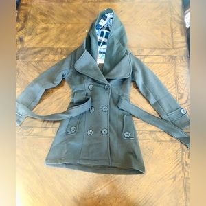 Girls belted winter coat and removable hoodie
